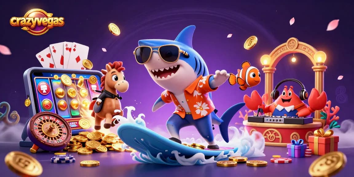Surf the golden waves of fortune with crazyvegas, where a shark and friends dive into thrilling online games.