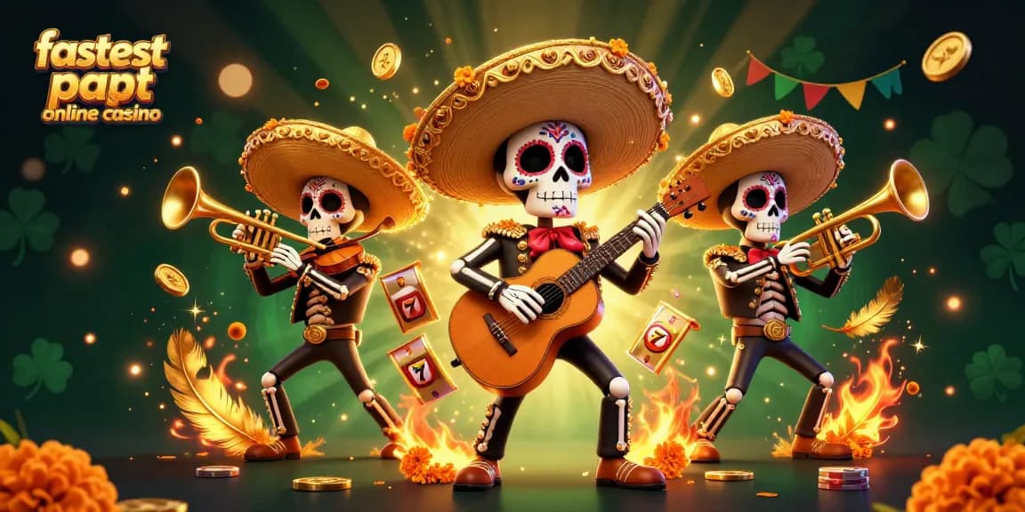 Experience the excitement of the fastest payout online casino with a Dia de los Muertos mariachi band and dynamic casino elements.