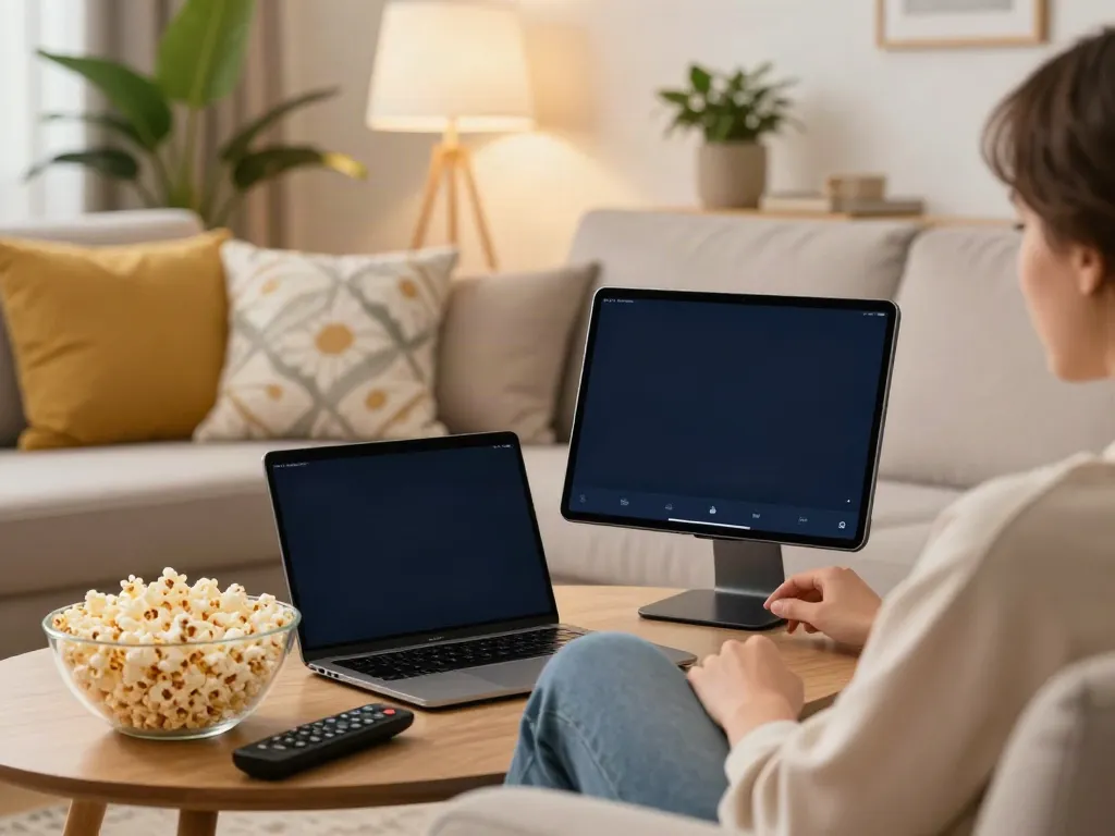 Download the app for Moviebox in a cozy living room during a movie night.