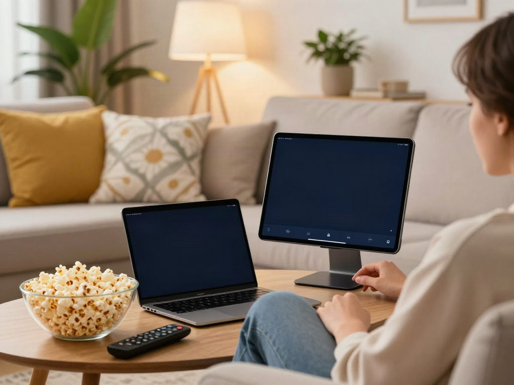 Download the app for Moviebox in a cozy living room during a movie night.