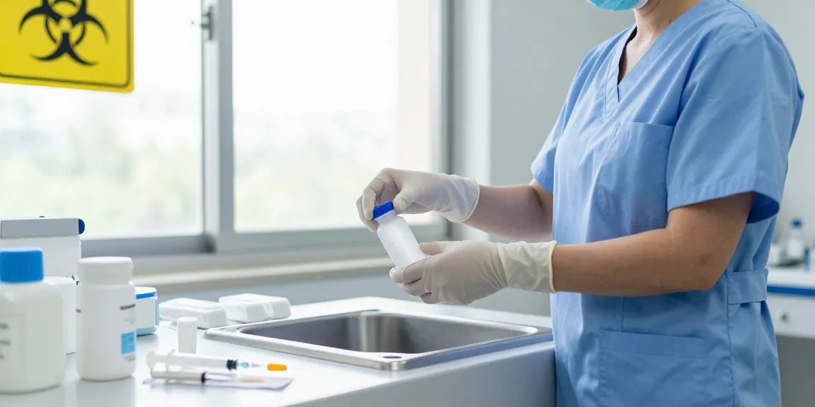 Healthcare professional disposing of a used sharps container safely in a clinical setting.