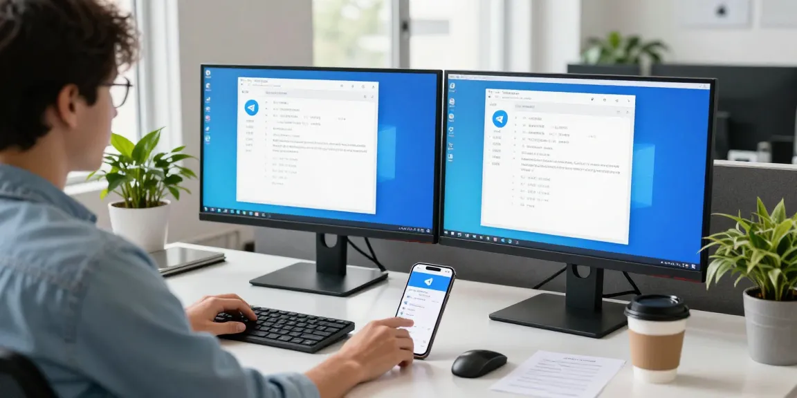 Setting up Telegram Chinese interface in a modern tech workspace with bilingual displays.