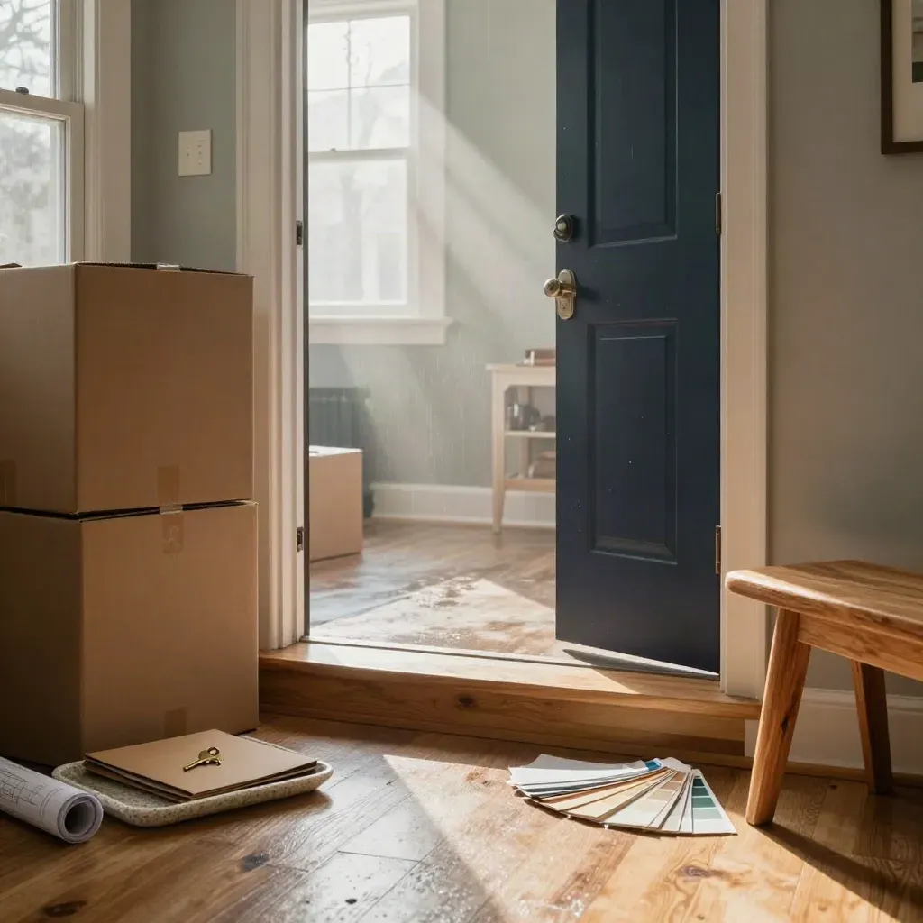 Townhouse entry with moving boxes, key tray, folder, floor-plan tube and paint fan in morning rain