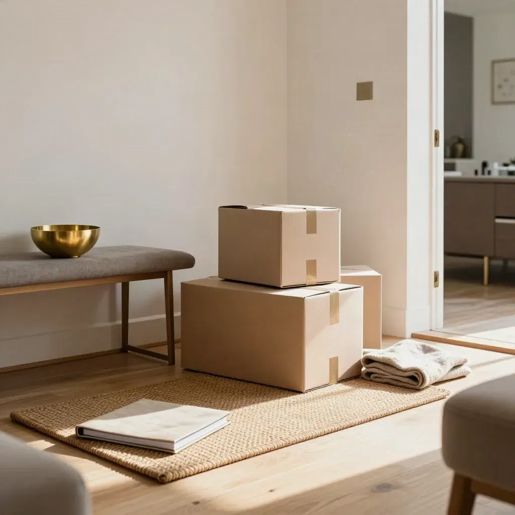 Sunlit new-home entry with boxes, a brass key bowl, welcome mat, and a binder on a bench.