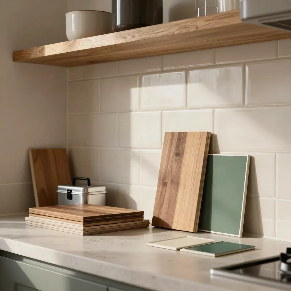 Renovated kitchen backsplash with tile samples, paint tray and toolbox under pendant light.