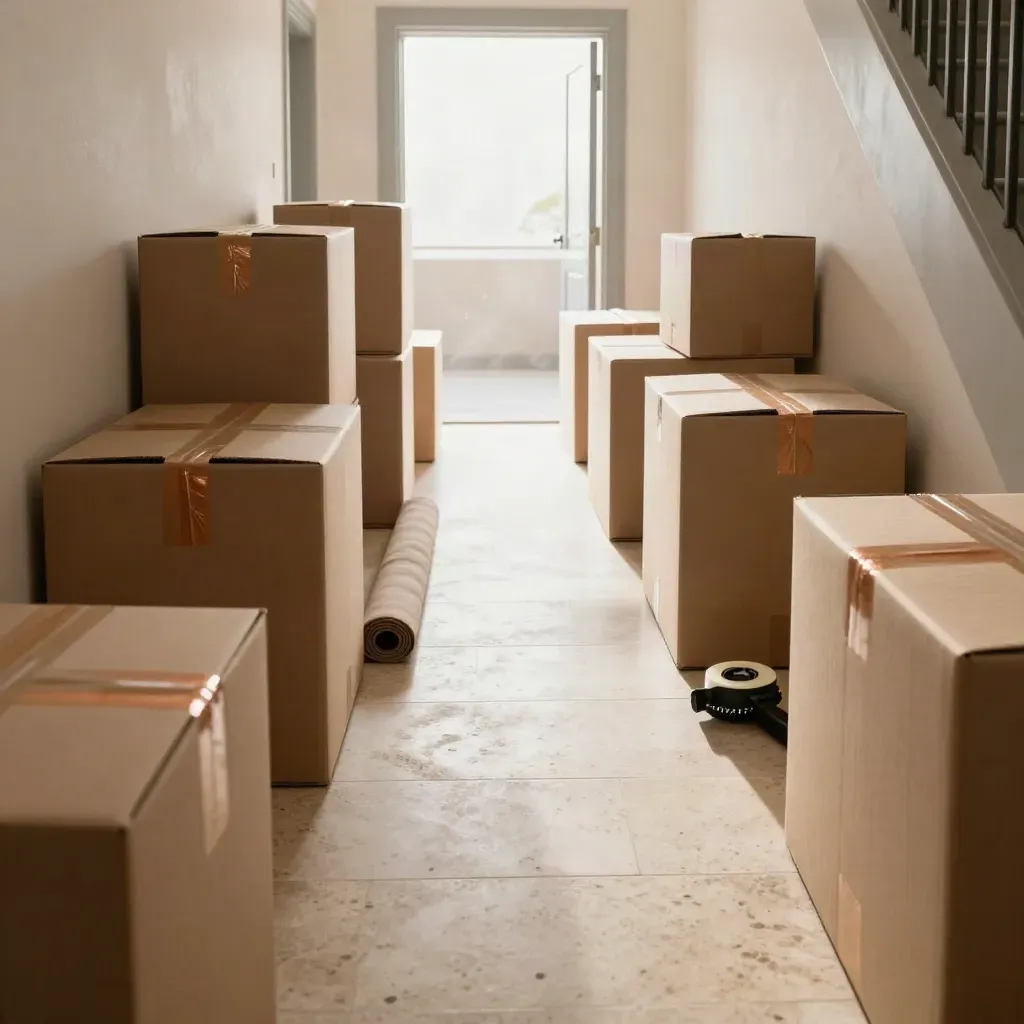 Low hallway view of moving boxes, a floor runner and tape gun beside a bright doorway
