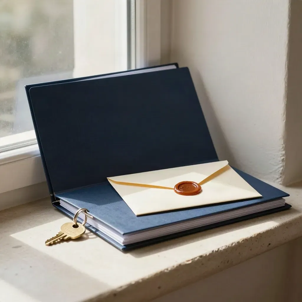 Mortgage-prep kit on pale stone with folder, key, clips and wax-sealed envelope in morning light.
