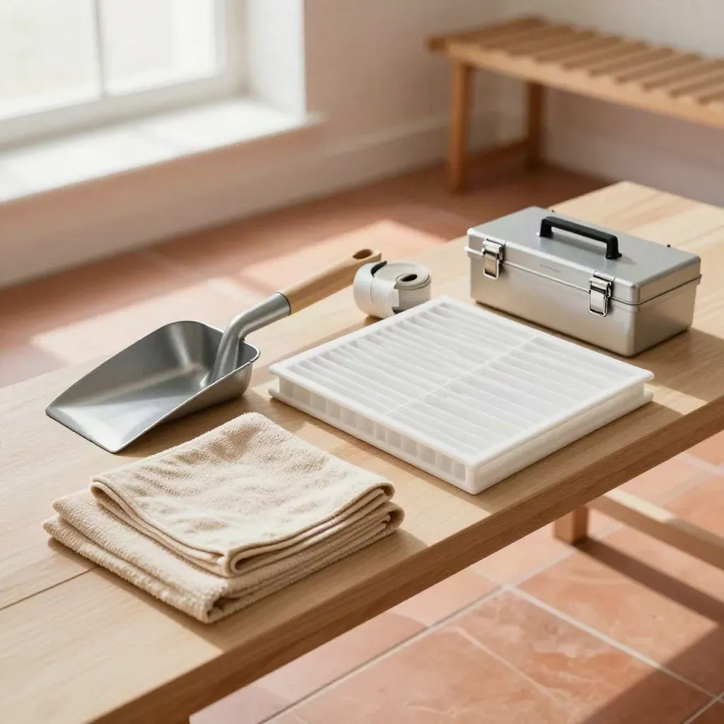 Maintenance kit arranged on a mudroom bench in warm window light.