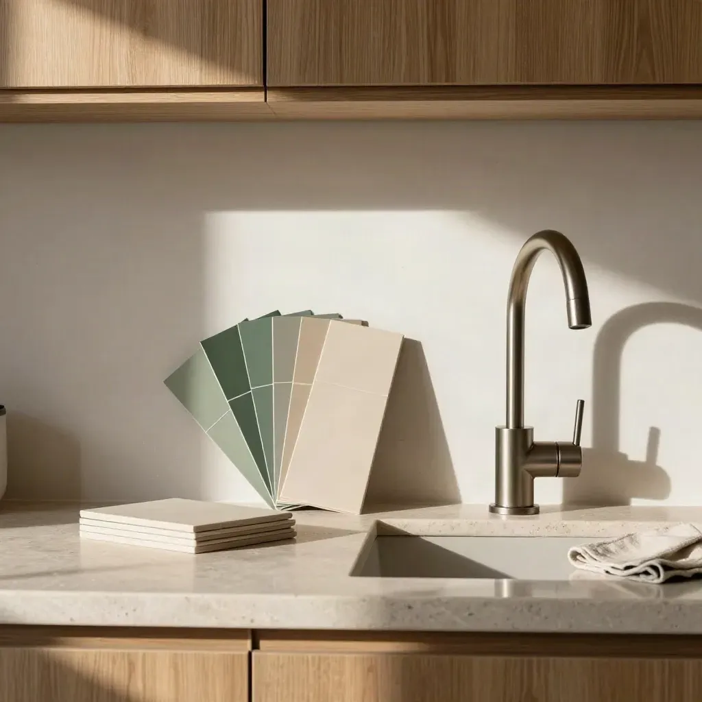 Compact condo kitchen with tile samples, paint fan, and a newly installed faucet in dramatic light.