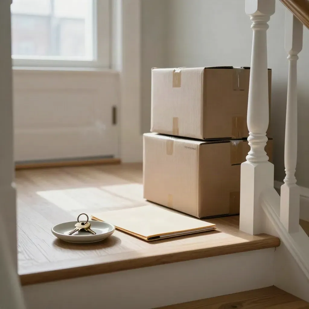 Ottawa townhouse landing with key tray, closed pre-approval folder, and moving boxes by the stair.