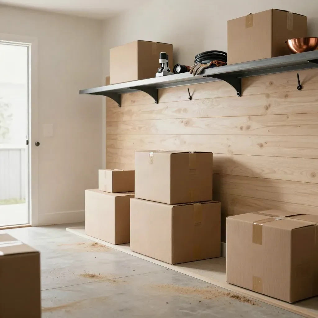 Empty Calgary mudroom with moving boxes, shelves stocked, and dust drifting by an open door.