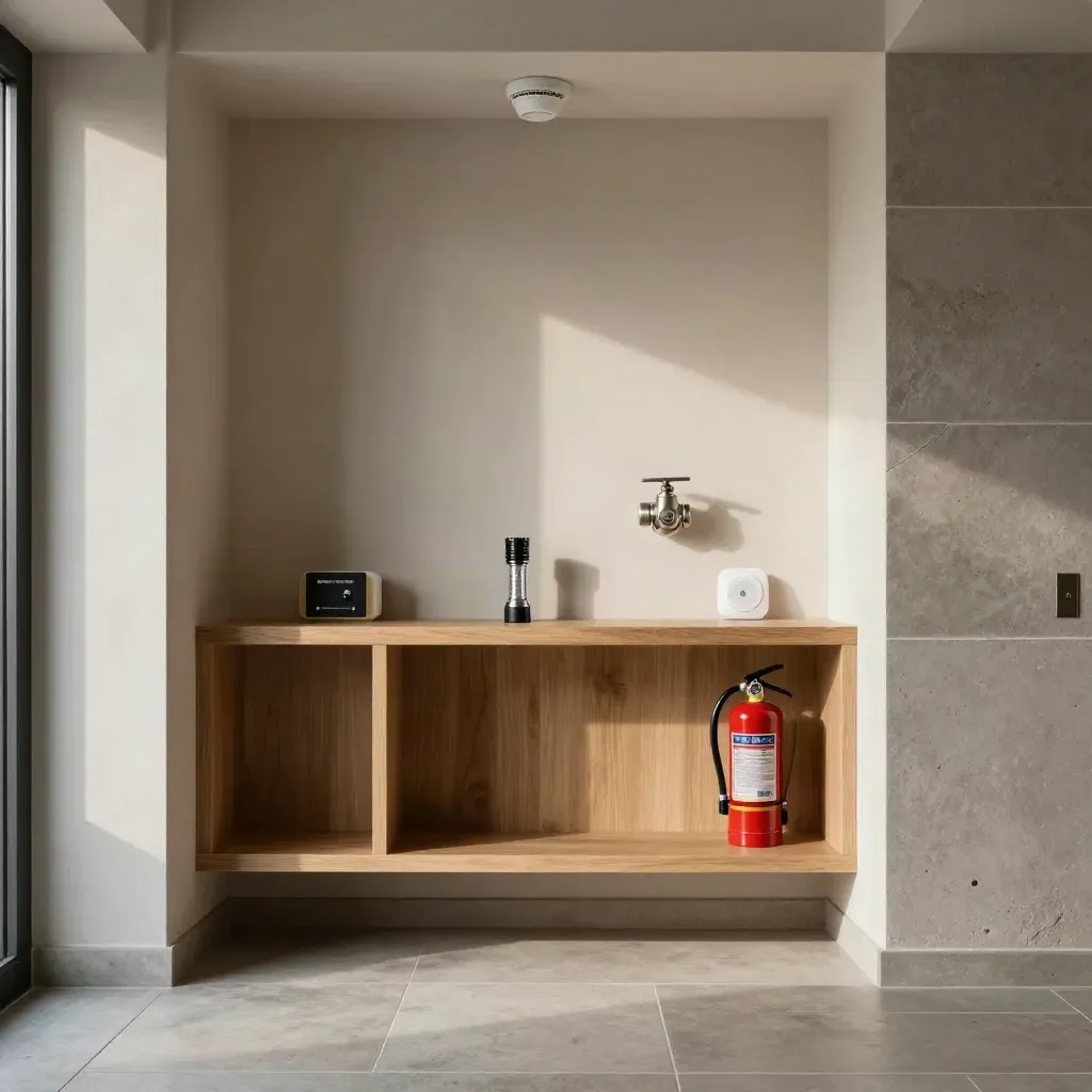 Townhouse entry with smoke alarm, shutoff valve, and a tidy home-safety shelf in soft daylight