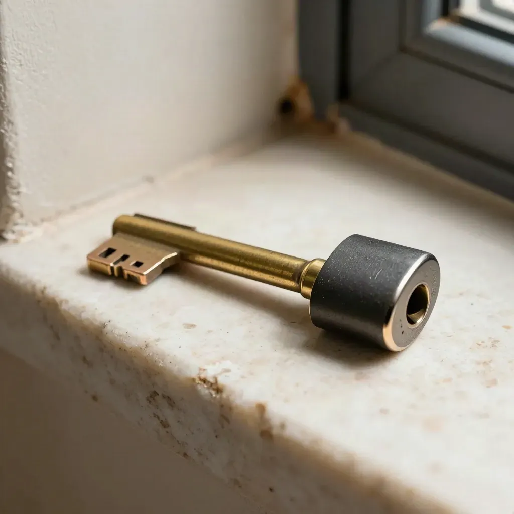 Macro still life of brass key blank, house weight, and lock cylinder on a travertine ledge.