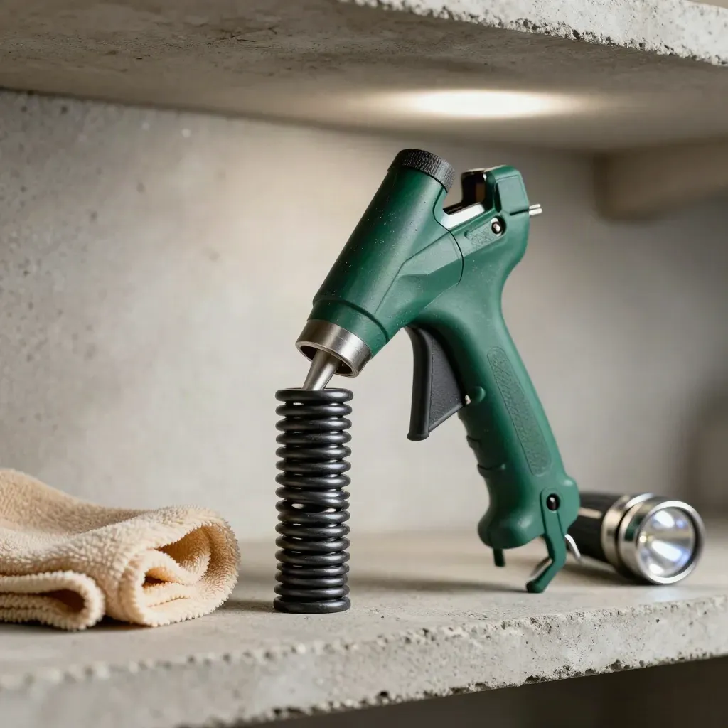 Macro still life of home-care tools on a concrete cellar shelf, low angle, cool metallic light.