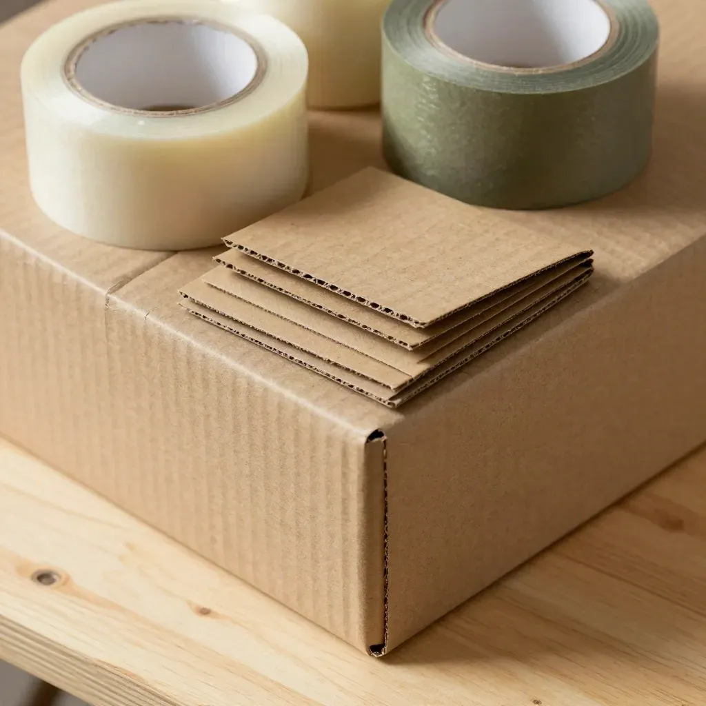 Top-down closeup of moving boxes, tape rollers, and corner protectors on a pale work surface.