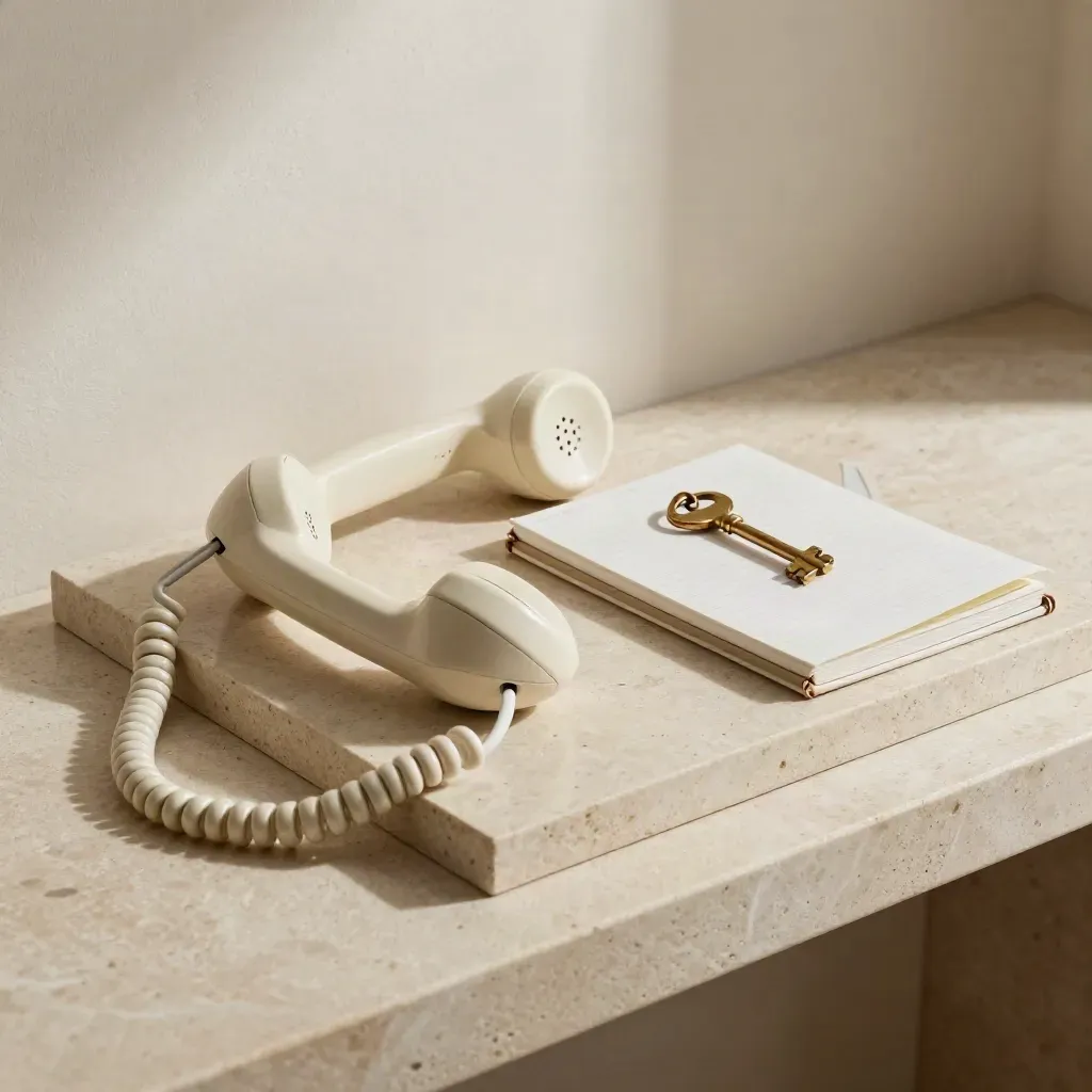 Corded handset, closed notebook, and brass key on a pale stone tray under soft side light.