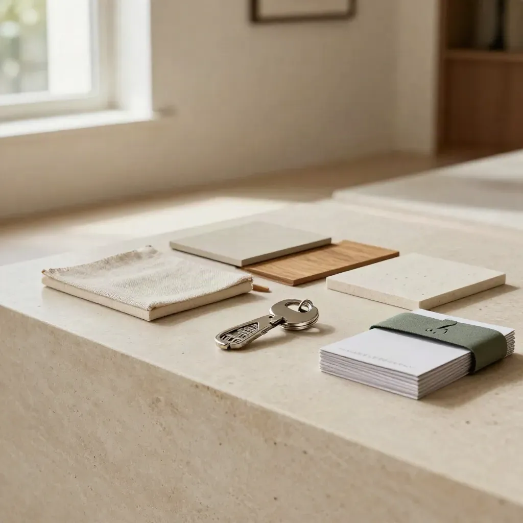 City key ring, material swatches, and sealed sample cards on a limestone ledge in soft window light.