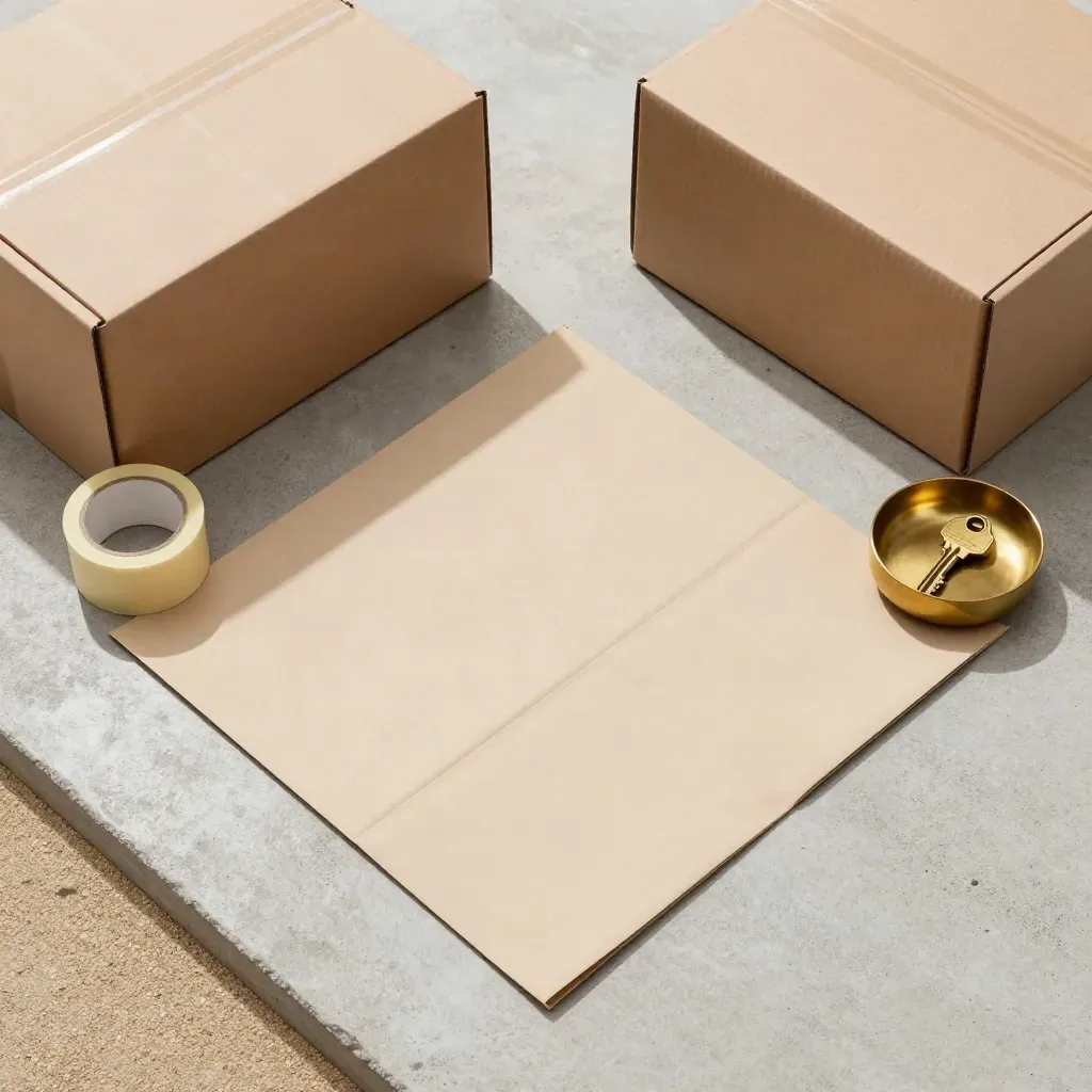 Overhead flatlay of sealed moving boxes, tape, folded runner, and brass key bowl on concrete.