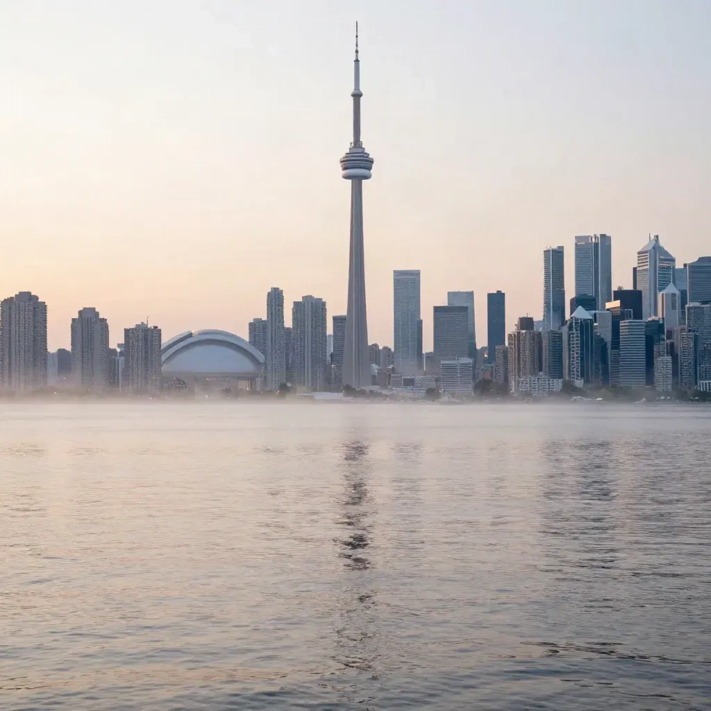 Toronto skyline and CN Tower above calm lakefront water in warm dusk haze