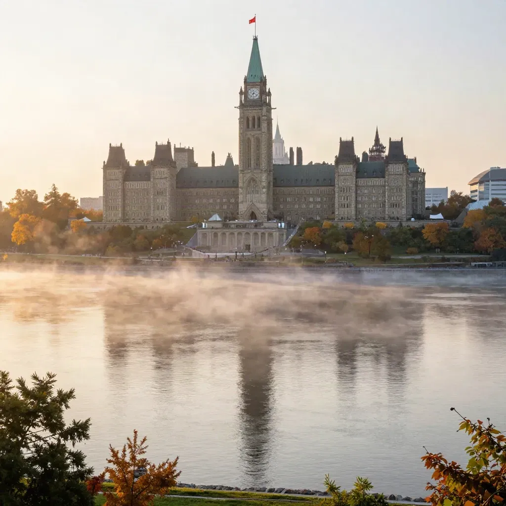 Parliament Hill and the Ottawa River in golden sunrise fog with autumn trees.