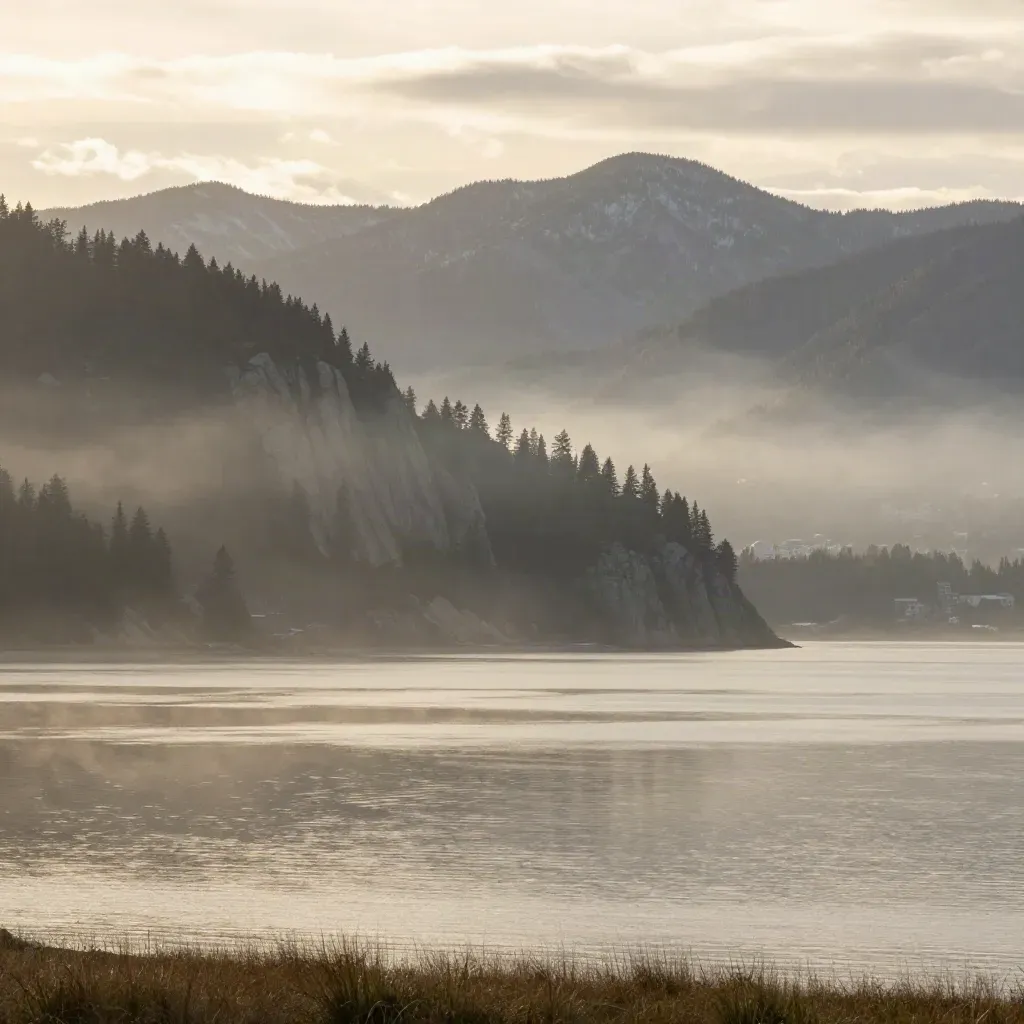North Shore mountains over Burrard Inlet with low cloud, reflective water, and hazy shoreline.
