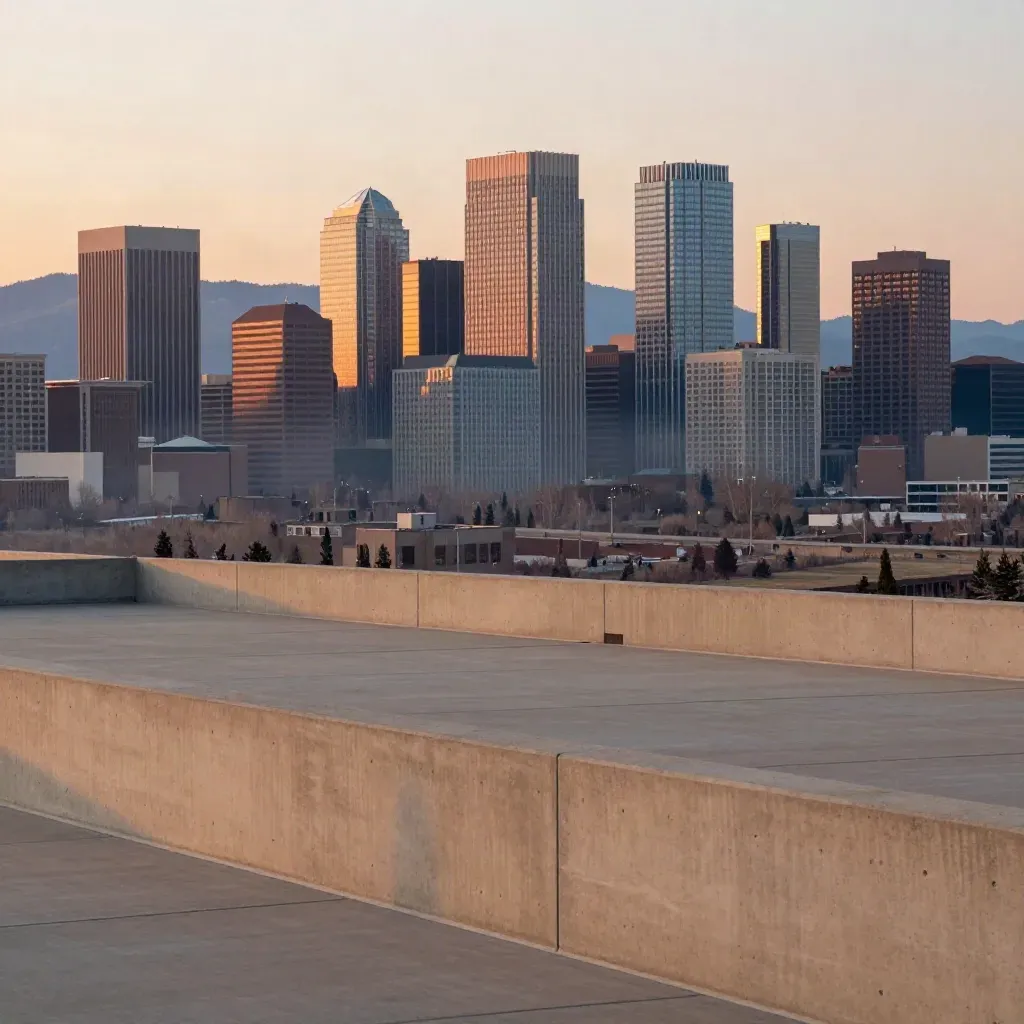 Calgary skyline above a warm concrete rooftop with faint Rockies and sunset haze