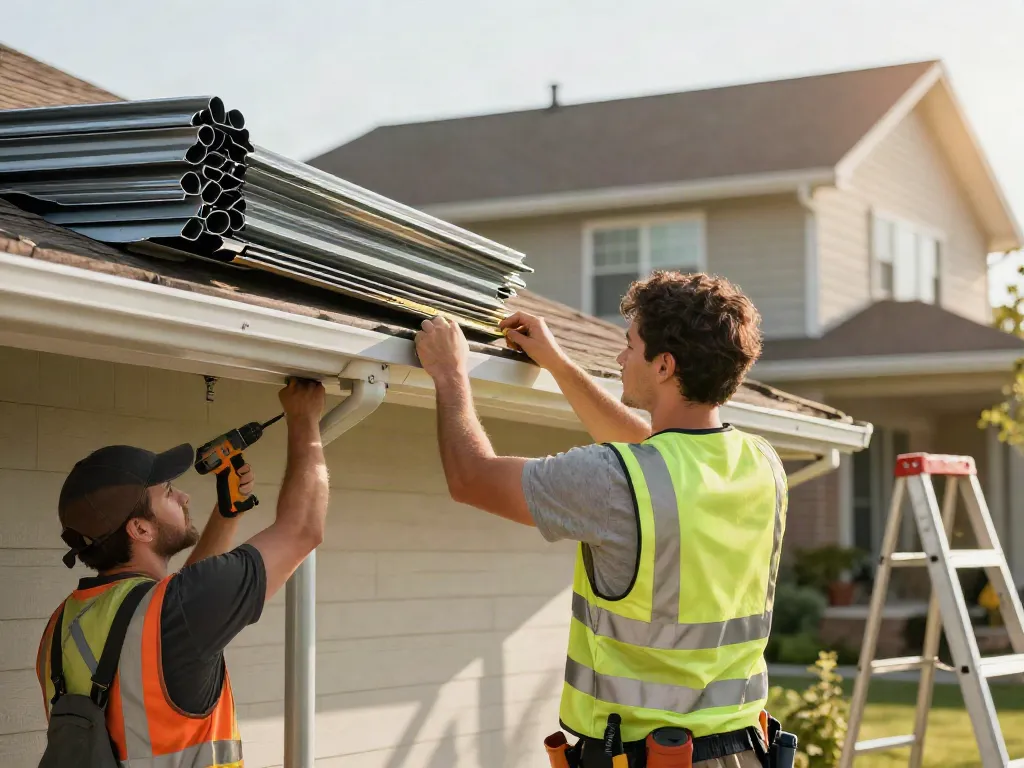Spokane gutter company team installing seamless gutters on a residential home, showcasing professional craftsmanship and quality.