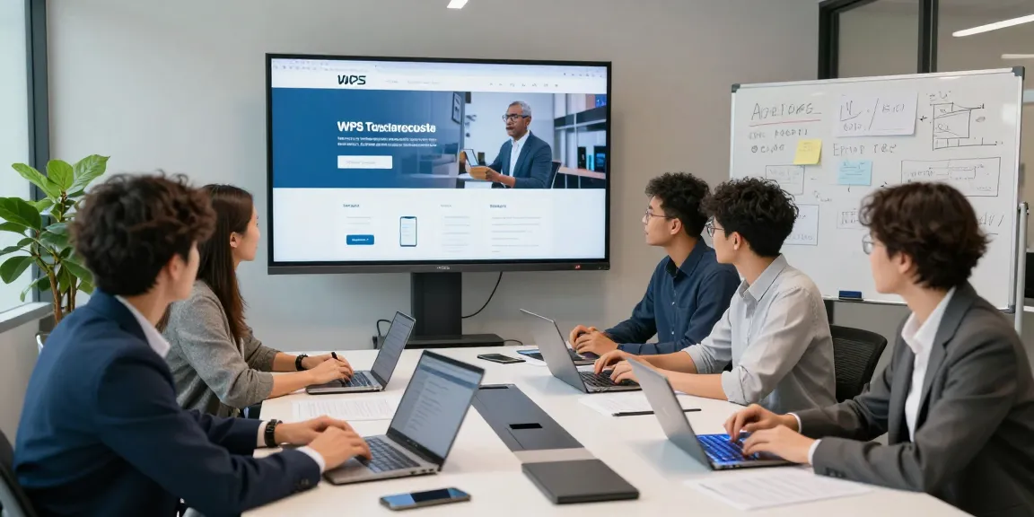Team collaborating around laptops showcasing the WPS Official Website in a modern workspace