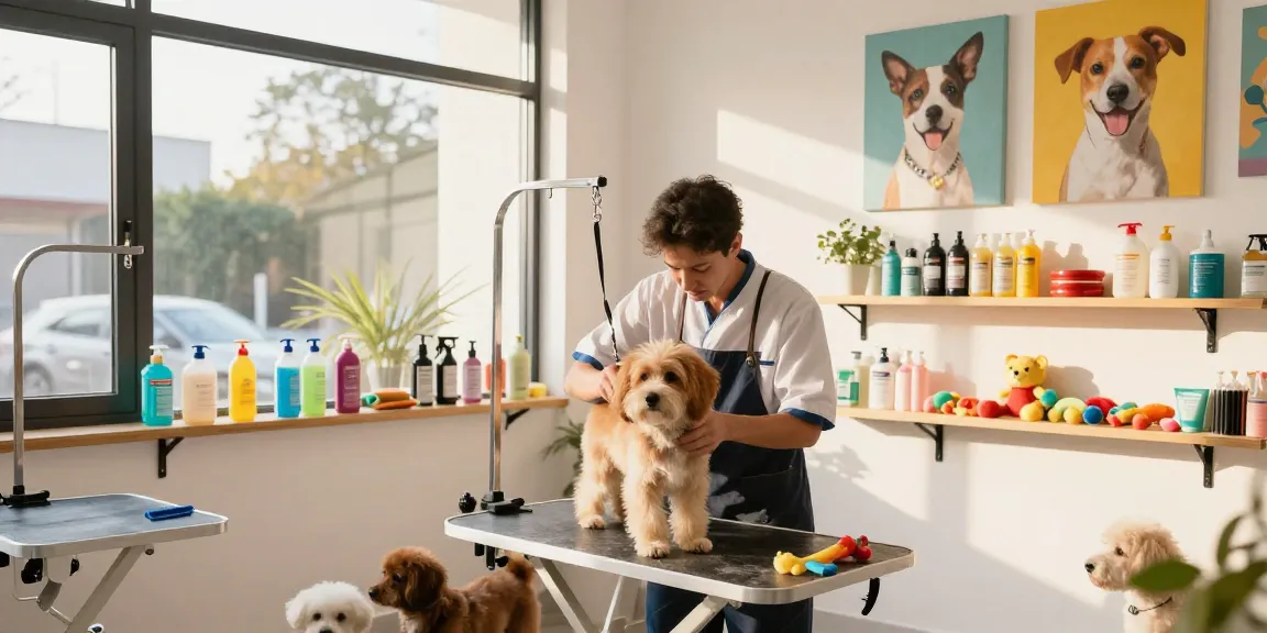 Pet Groomer Cages in a professional grooming salon with a groomer and happy dog.