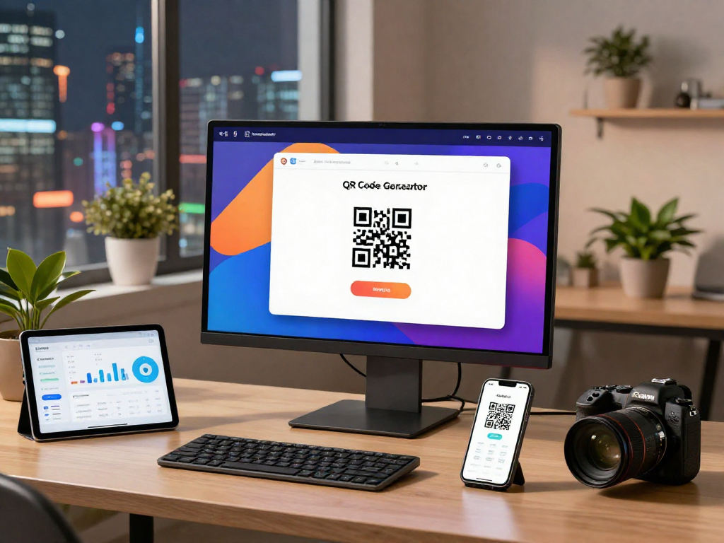 Dynamic QR Code Generator design scene with a designer at desk in modern workspace.