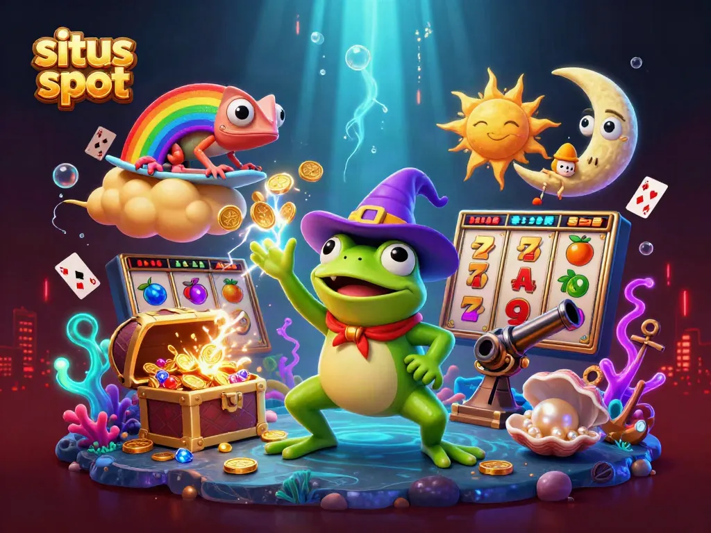 Spin and win at situs slot with a wizard frog and chameleon amid golden coin storm.