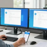 Setting up Telegram Chinese interface in a modern tech workspace with bilingual displays.