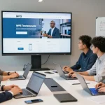 Team collaborating around laptops showcasing the WPS Official Website in a modern workspace