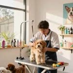 Pet Groomer Cages in a professional grooming salon with a groomer and happy dog.
