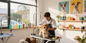 Pet Groomer Cages in a professional grooming salon with a groomer and happy dog.