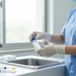 Healthcare professional disposing of a used sharps container safely in a clinical setting.